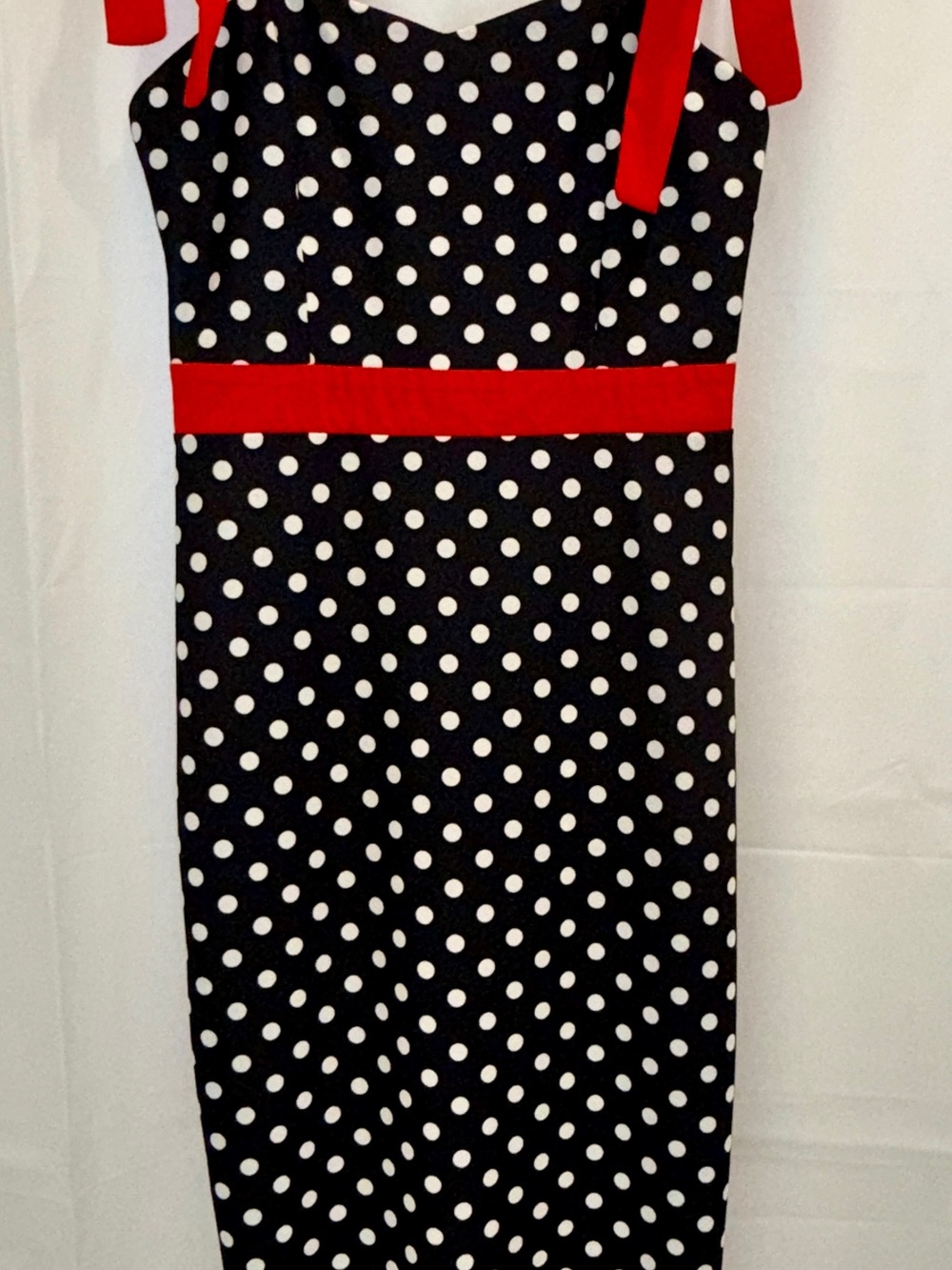 SHEIN Black & White Polka Dot Midi Dress with Red Straps and Waist